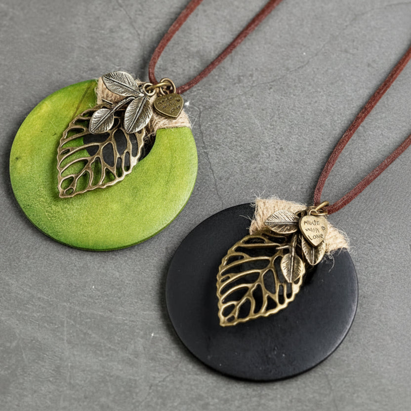 Leather Cord Necklace with Round Wood Leaf Pendant