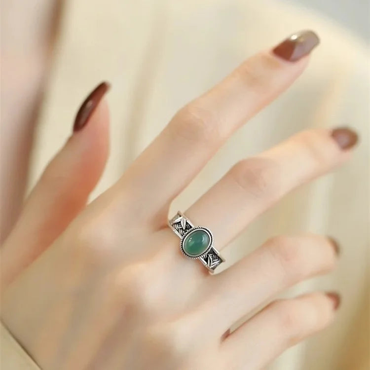 925 Sterling Silver Adjustable Green Cabochon Stone Ring
