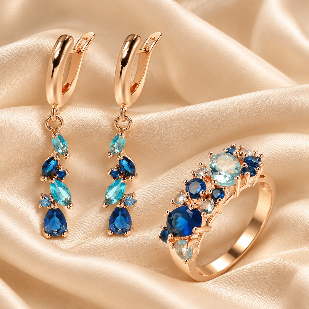 14K Rose Gold Plated Copper Earrings & Ring Set with Blue Zircons