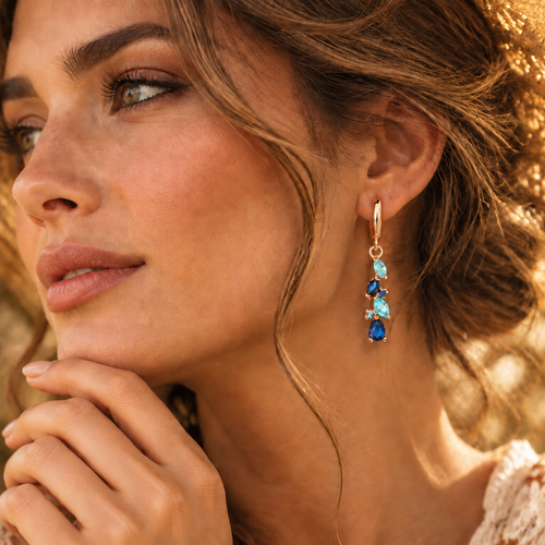 14K Rose Gold Plated Copper Earrings & Ring Set with Blue Zircons