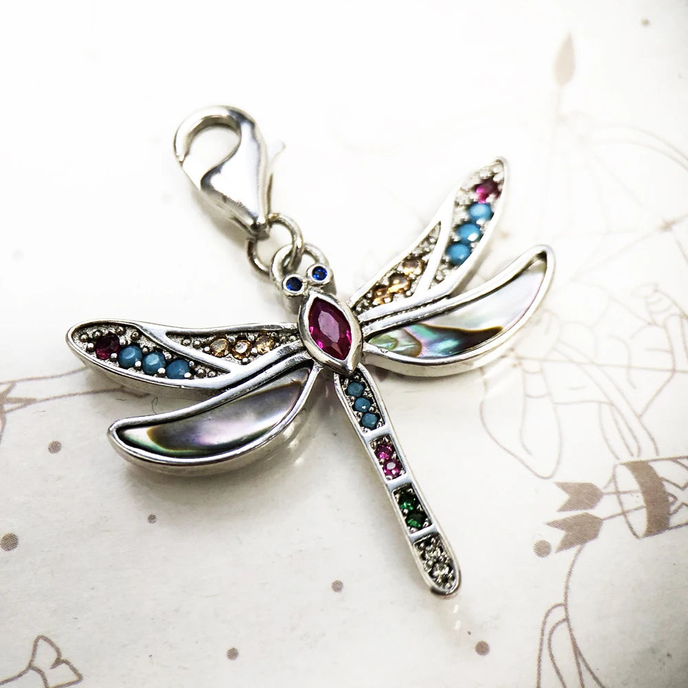 925 Sterling Silver Dragonfly Multicolor Zircon Charm Pendant Bracelet