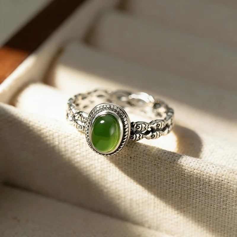 925 Sterling Silver Green Gemstone Adjustable Ring