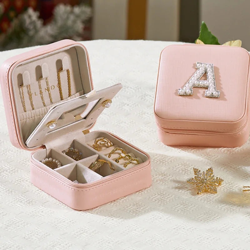 Personalized Leather Jewelry Travel Box with Pearl Initial