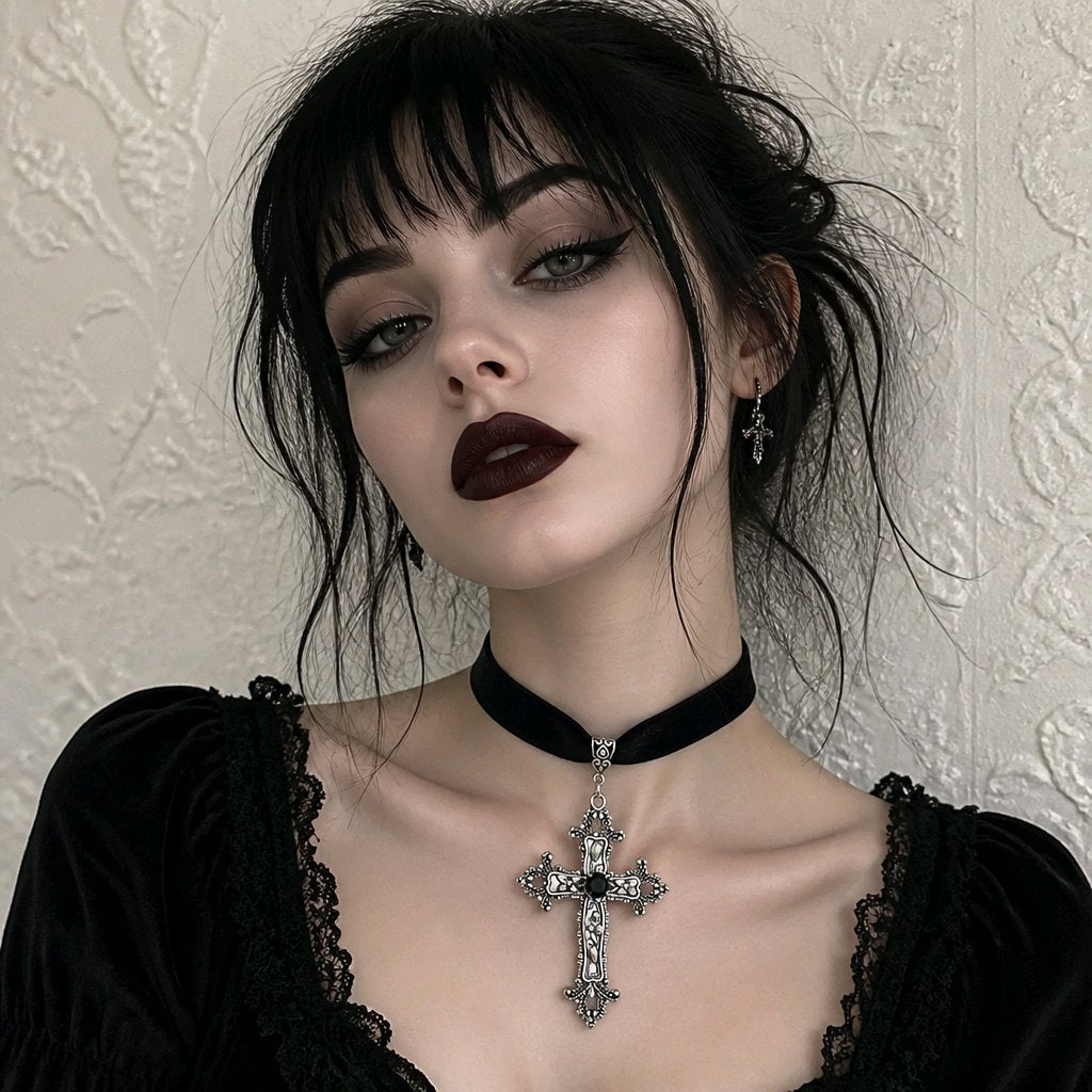 Vampire Goth Large Rhinestone Zinc Alloy Cross Ribbon Choker