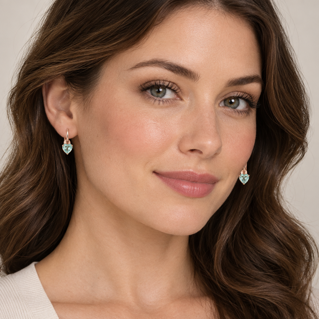 Woman wearing the original aqua heart earrings